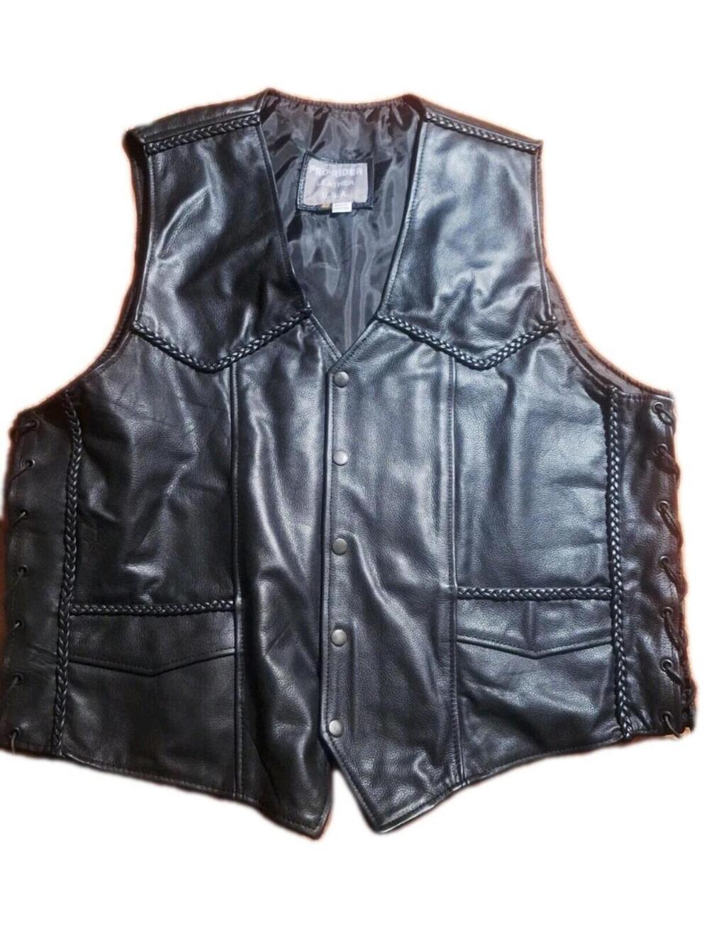 Pro-Rider Leather Motorcycle Vest Mens 48 Black Braided Trim Side Lace Biker Vtg